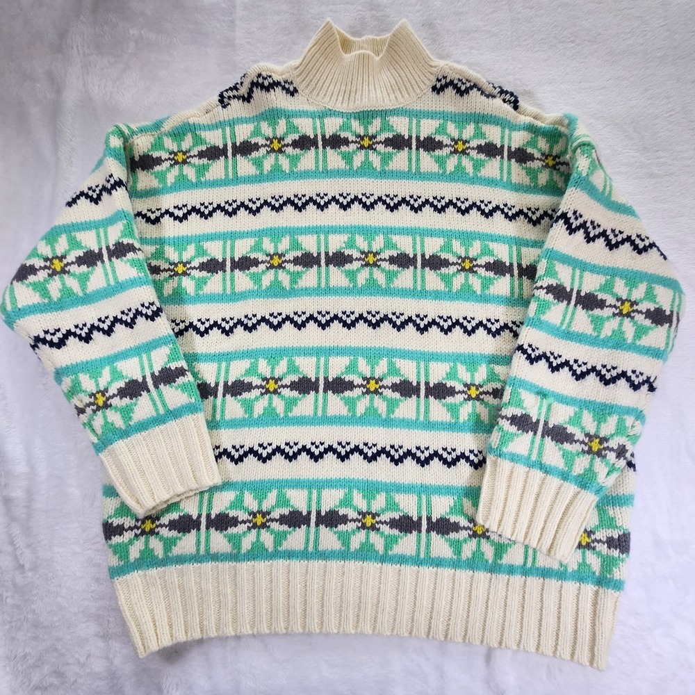 AMERICAN EAGLE AE Oversized Fairisle Mock Neck Sweater M Green Ivory Cottage
